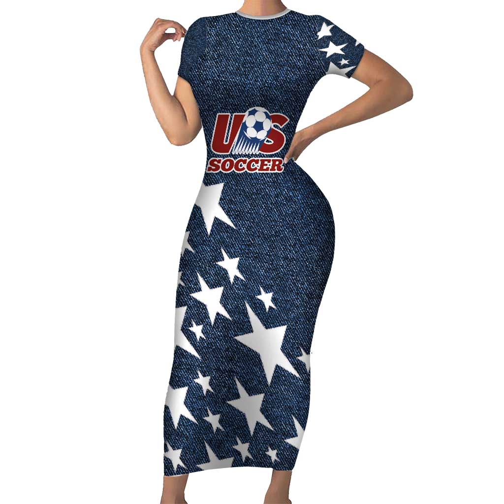 Custom United States Soccer Short Sleeve Bodycon Dress Retro 1994 Denim Style - Wonder Print Shop