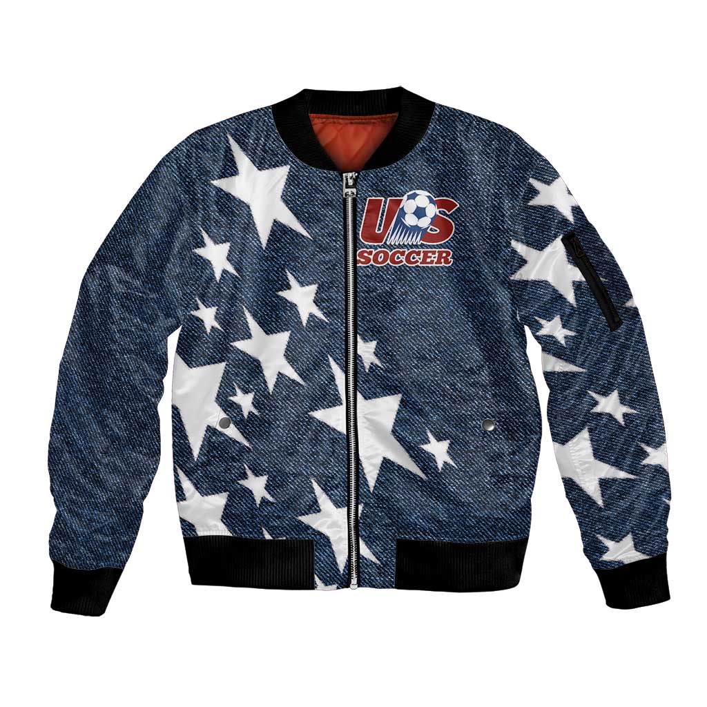 Custom United States Soccer Sleeve Zip Bomber Jacket Retro 1994 Denim Style - Wonder Print Shop