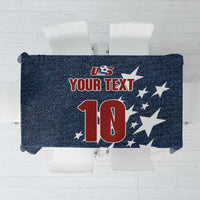 Navy denim-style tablecloth with US soccer crest, stars, and custom text 10