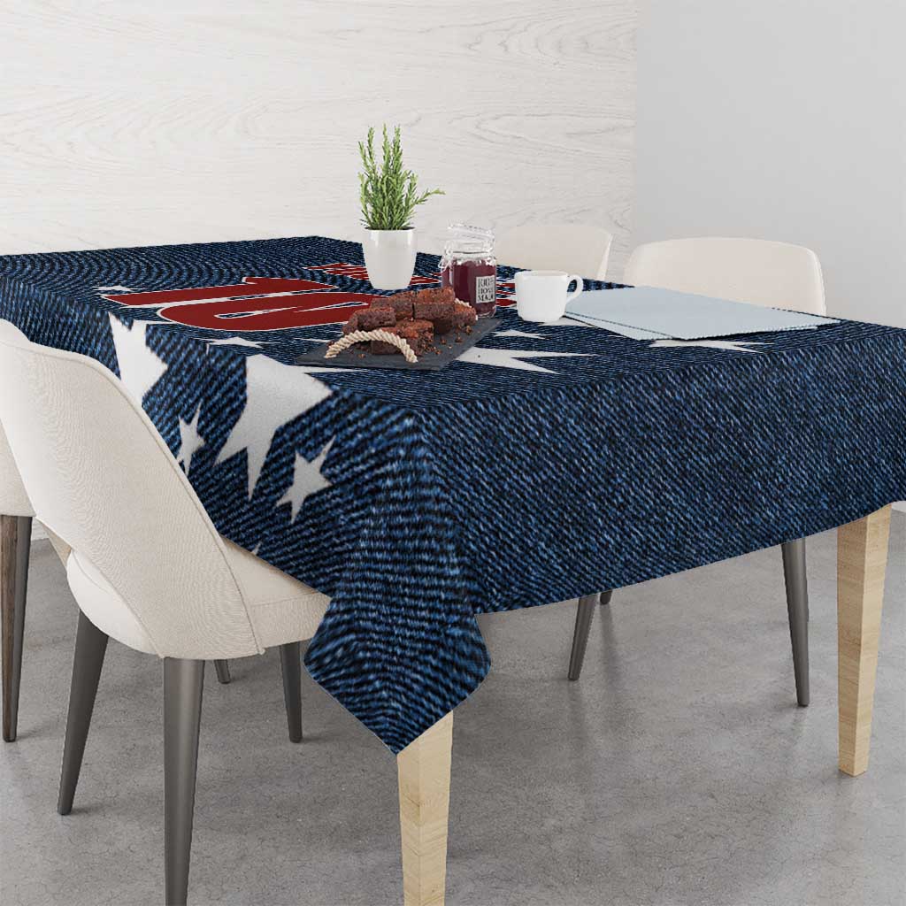 Navy denim-style tablecloth with white star motifs and red-and-blue graphic
