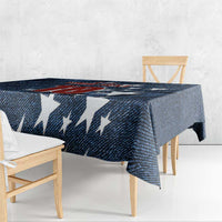 Navy denim-style tablecloth corner with large white stars and red graphic strip