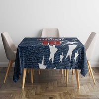 Square navy denim-style tablecloth with star pattern and US soccer-style crest
