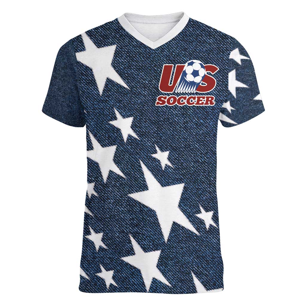 Custom United States Soccer Women V-Neck T-Shirt Retro 1994 Denim Style - Wonder Print Shop