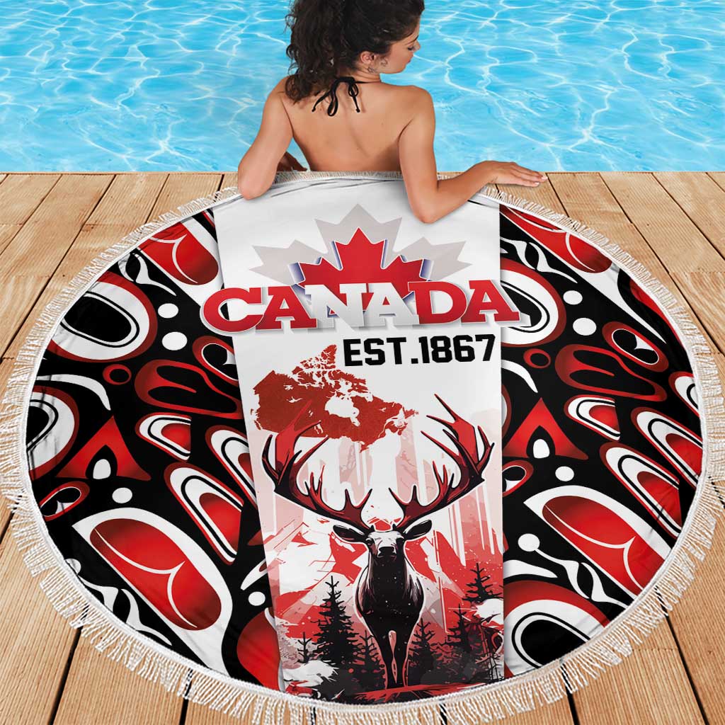 Canada Day Beach Blanket The Forest Moose and Maple Leaves-Haida Pattern