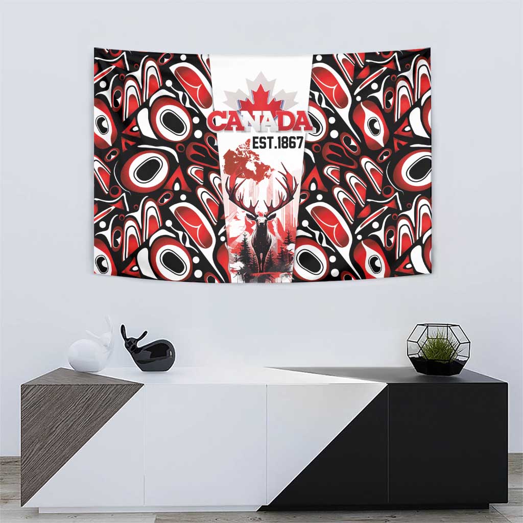 Canada Day Tapestry The Forest Moose and Maple Leaves-Haida Pattern