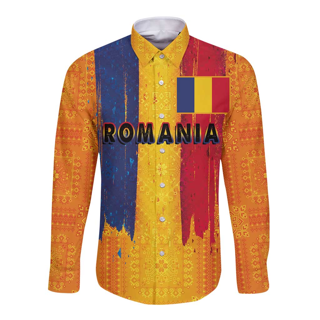 Personalized Romania Flag Day Long Sleeve Button Shirt Traditional Pattern Royal Style