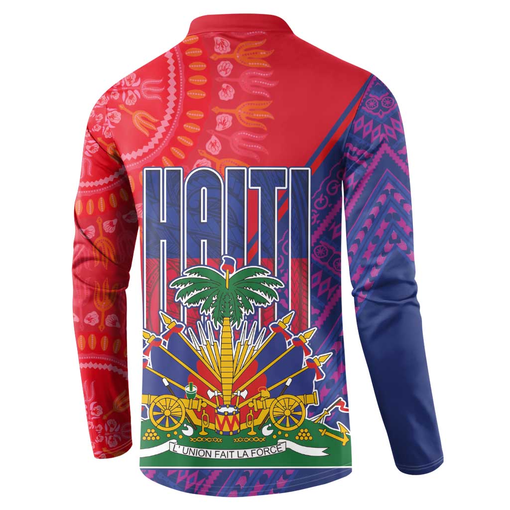 Haiti National Emblem Button Sweatshirt Dashiki and Polynesian Pattern