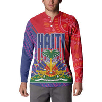 Haiti National Emblem Button Sweatshirt Dashiki and Polynesian Pattern