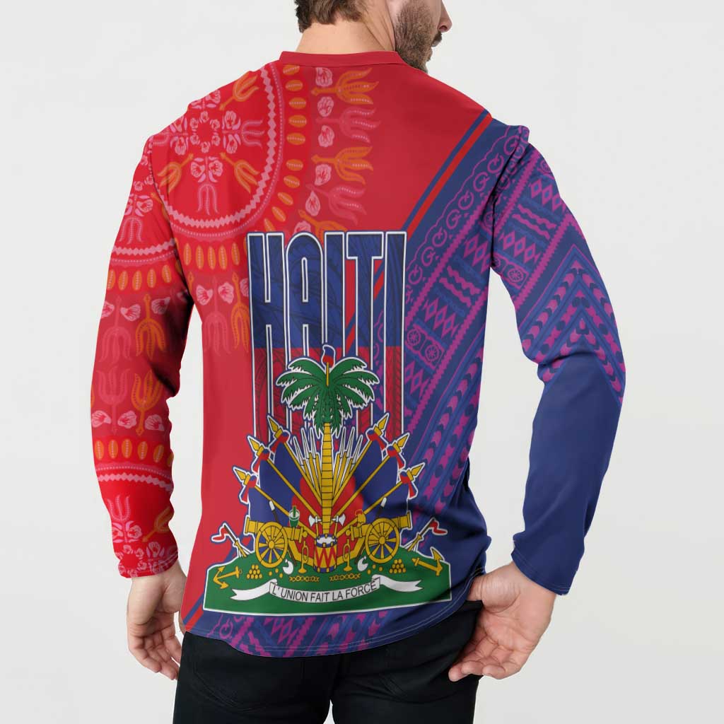 Haiti National Emblem Button Sweatshirt Dashiki and Polynesian Pattern