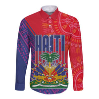 Haiti National Emblem Long Sleeve Button Shirt Dashiki and Polynesian Pattern