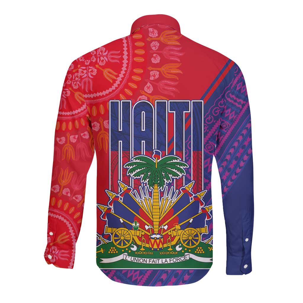 Haiti National Emblem Long Sleeve Button Shirt Dashiki and Polynesian Pattern