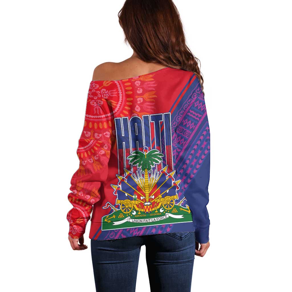 Haiti National Emblem Off Shoulder Sweater Dashiki and Polynesian Pattern