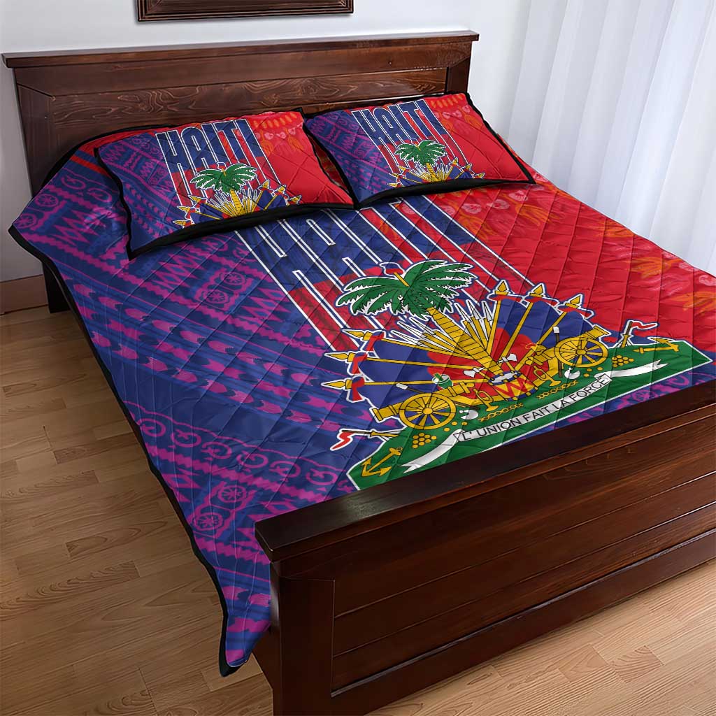 Haiti National Emblem Quilt Bed Set Dashiki and Polynesian Pattern
