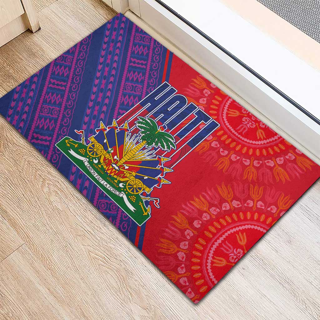 Haiti National Emblem Rubber Doormat Dashiki and Polynesian Pattern