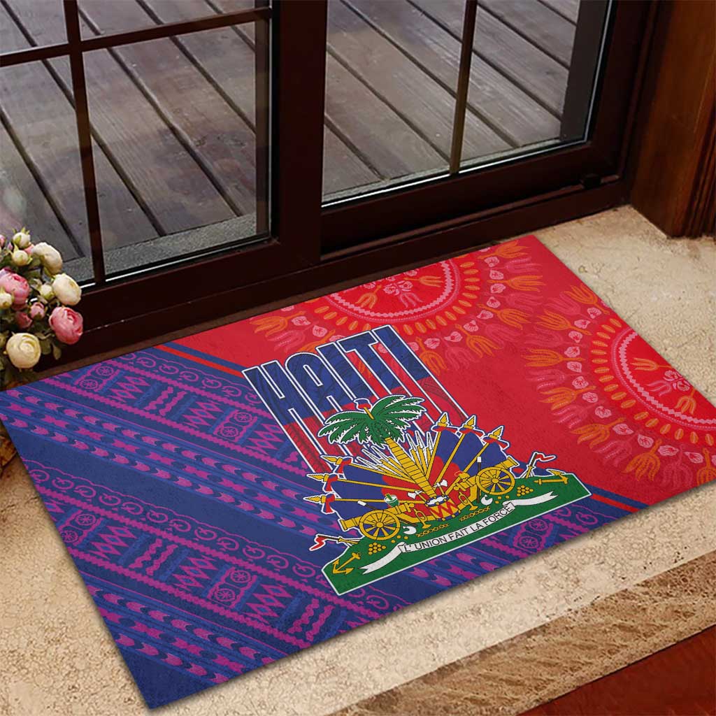 Haiti National Emblem Rubber Doormat Dashiki and Polynesian Pattern