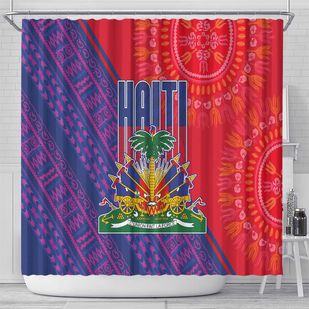 Haiti National Emblem Shower Curtain Dashiki and Polynesian Pattern