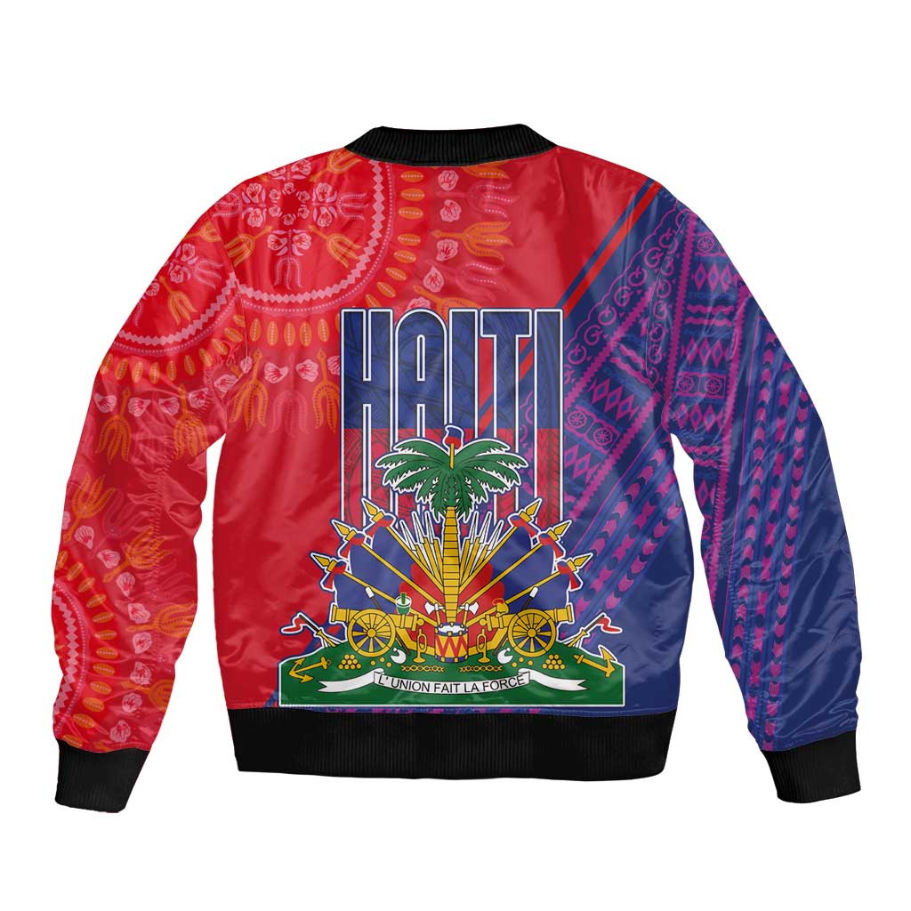 Haiti National Emblem Sleeve Zip Bomber Jacket Dashiki and Polynesian Pattern