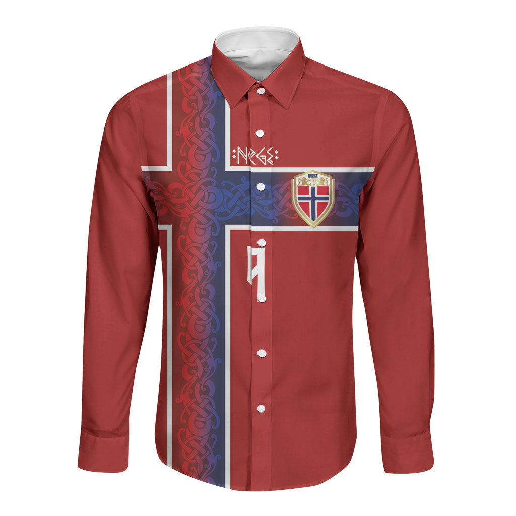 Norwegian Football Custom 2026 Long Sleeve Button Shirt Norge Viking Ornament Red Color