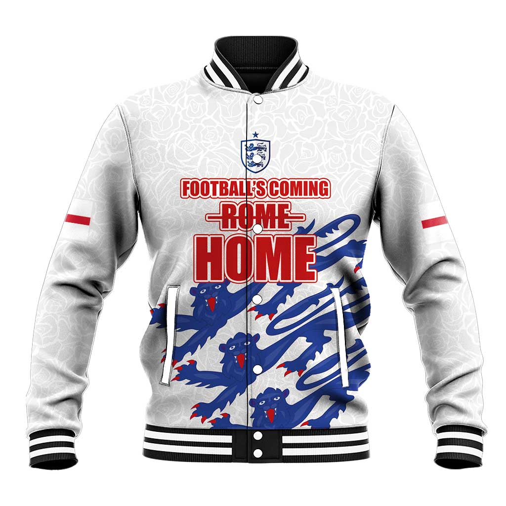 White varsity baseball jacket with ribbed collar, striped cuffs, and front sports graphic