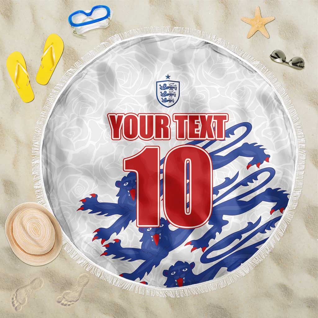 Round white beach blanket with fringe, England crest and number 10 lion graphic.