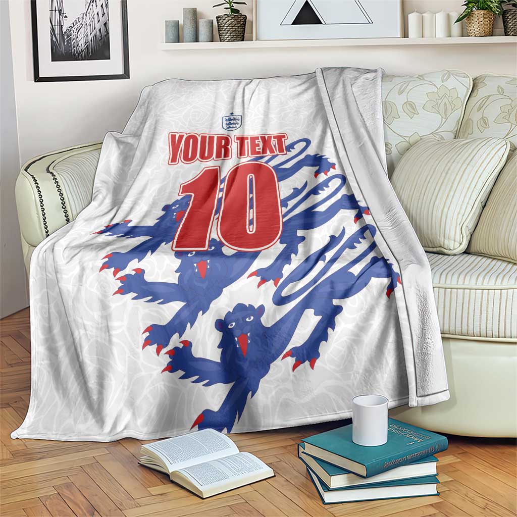 White England sports blanket with crest, red "10", blue lion pattern and "YOUR TEXT"