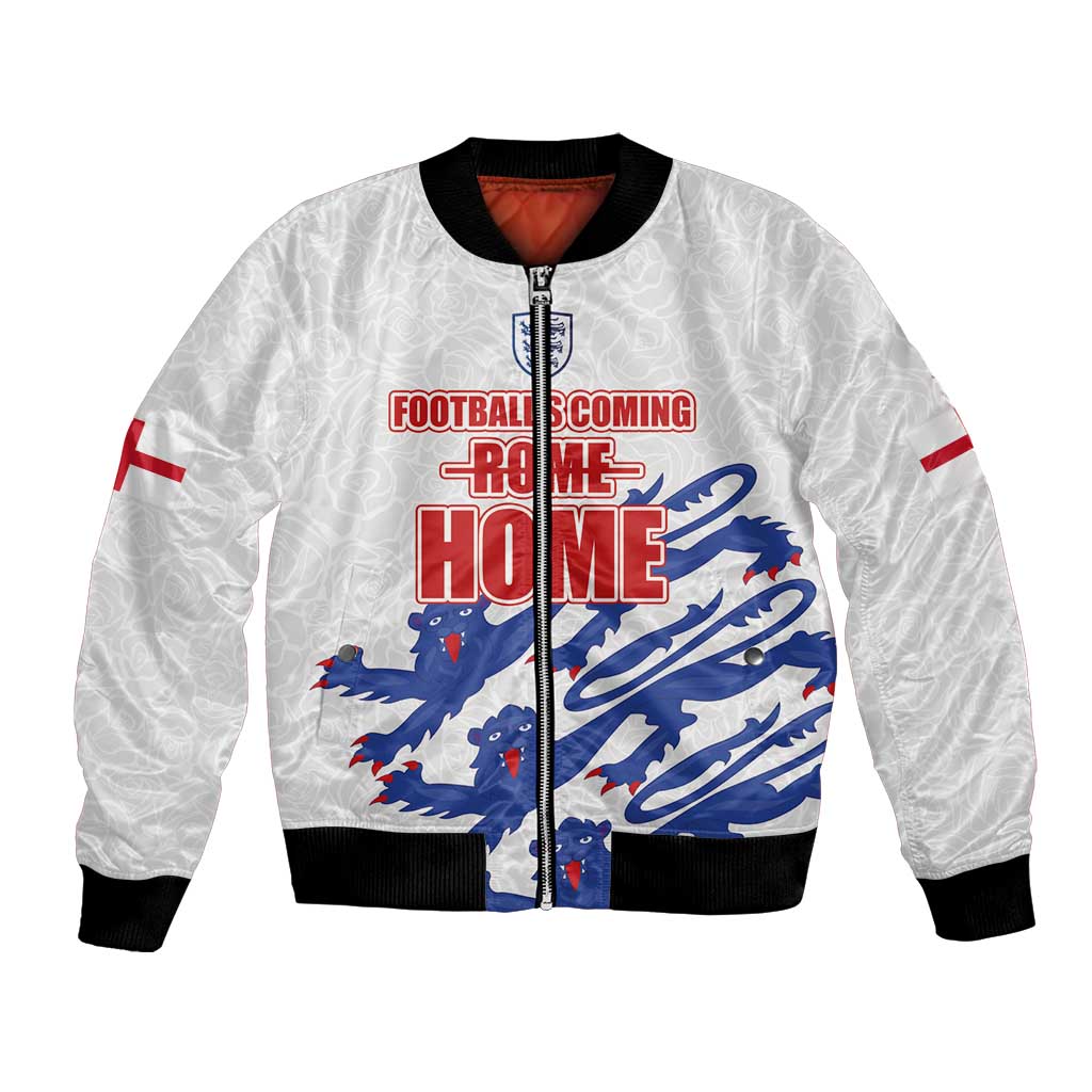White bomber jacket with zip front and blue football-themed graphic, ribbed cuffs
