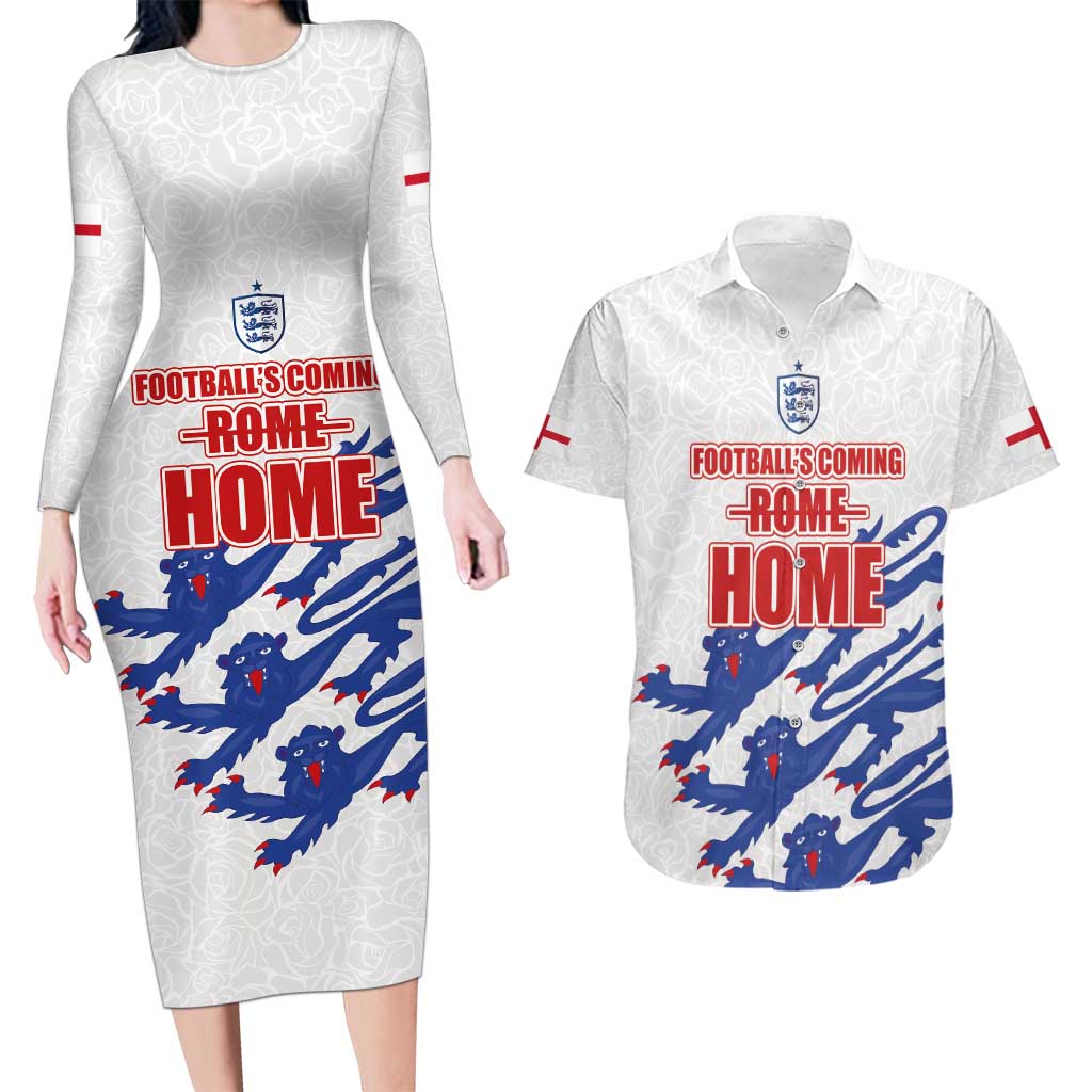 Custom England Football 2024 Road to The Champion Couples Matching Long Sleeve Bodycon Dress and Hawaiian Shirt Football's Coming Home - Wonder Print Shop