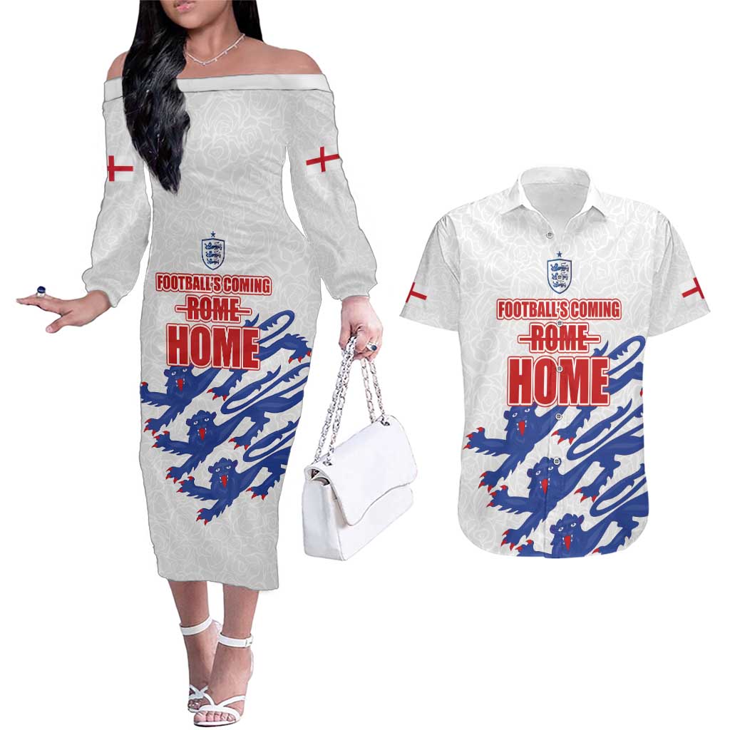 Custom England Football 2024 Road to The Champion Couples Matching Off The Shoulder Long Sleeve Dress and Hawaiian Shirt Football's Coming Home - Wonder Print Shop