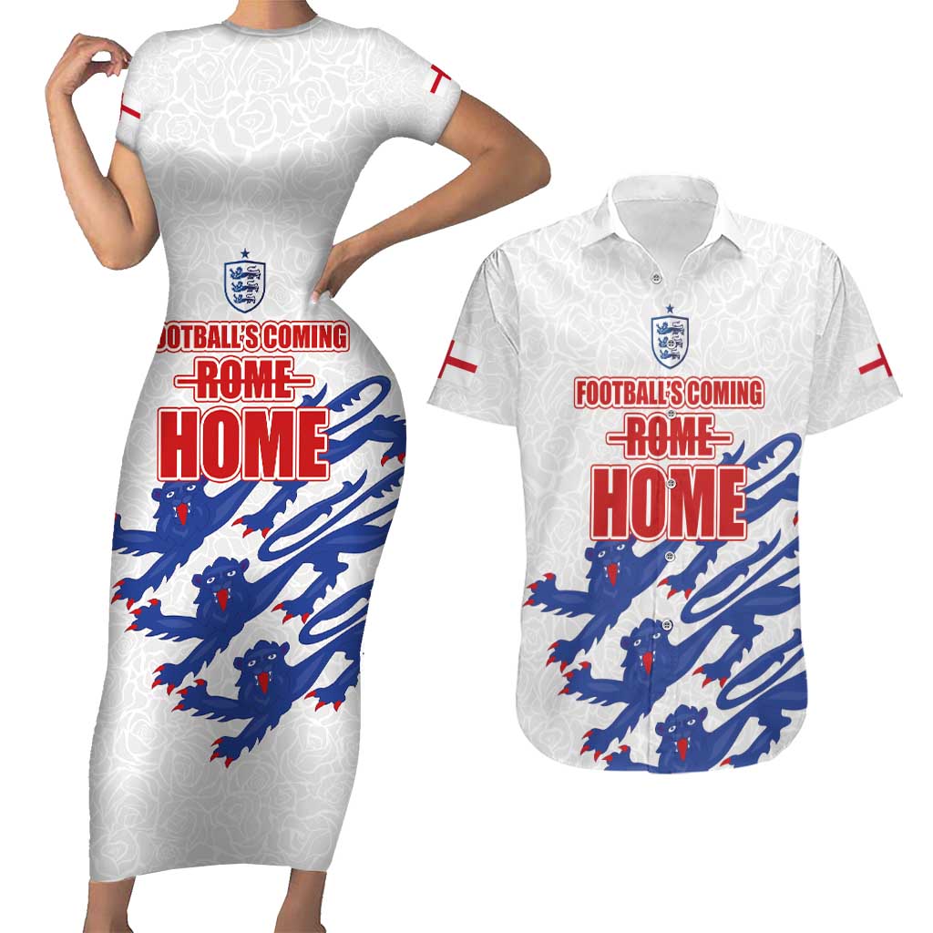 Custom England Football 2024 Road to The Champion Couples Matching Short Sleeve Bodycon Dress and Hawaiian Shirt Football's Coming Home - Wonder Print Shop