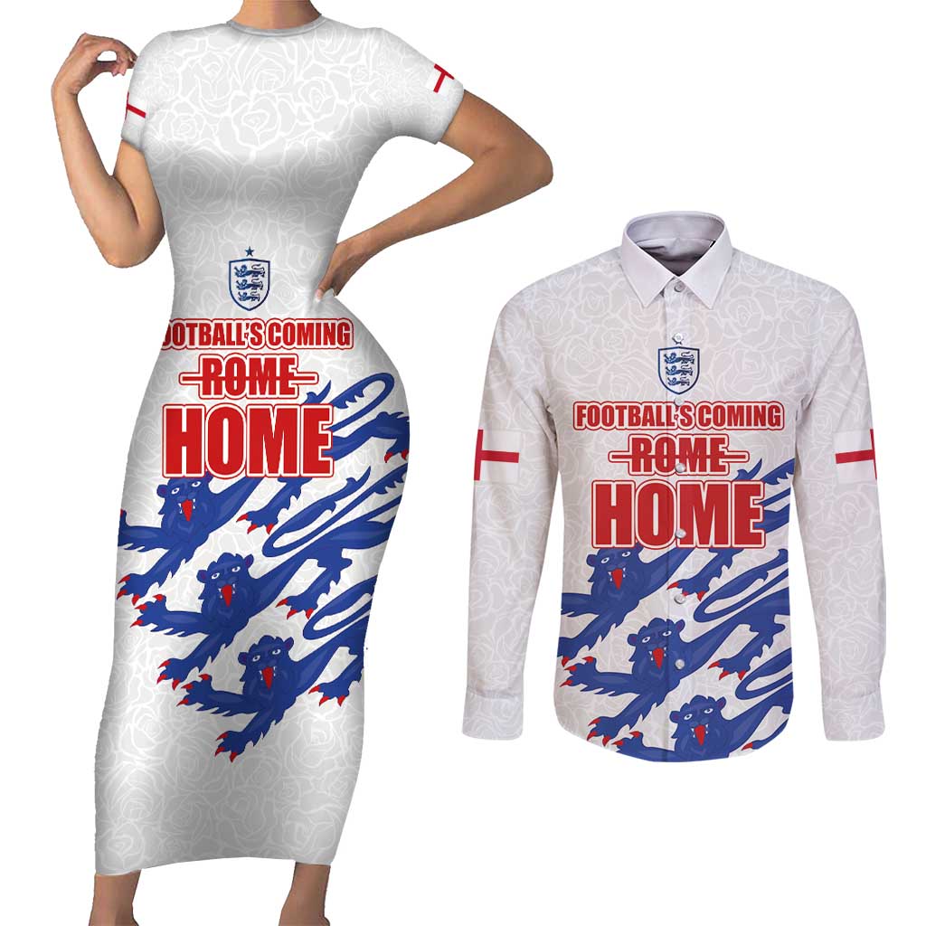 Custom England Football 2024 Road to The Champion Couples Matching Short Sleeve Bodycon Dress and Long Sleeve Button Shirt Football's Coming Home - Wonder Print Shop