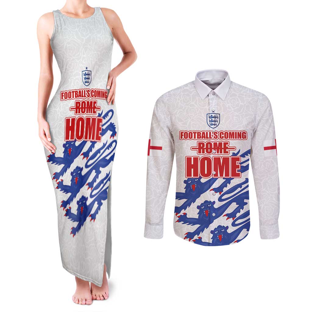 Custom England Football 2024 Road to The Champion Couples Matching Tank Maxi Dress and Long Sleeve Button Shirt Football's Coming Home - Wonder Print Shop