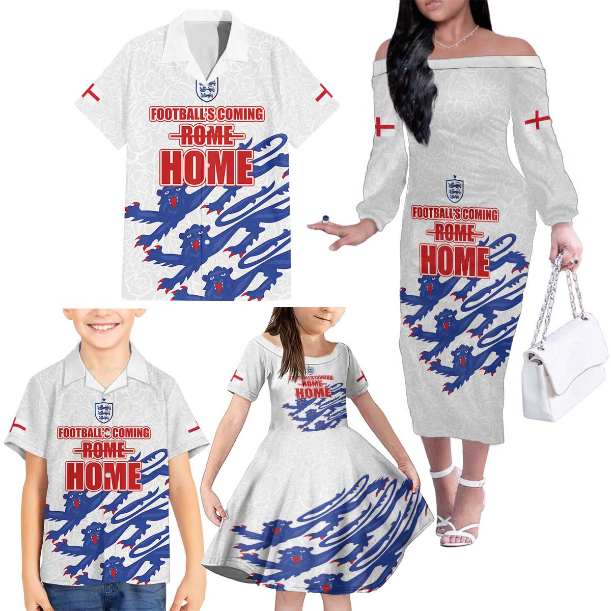 Custom England Football 2024 Road to The Champion Family Matching Off The Shoulder Long Sleeve Dress and Hawaiian Shirt Football's Coming Home - Wonder Print Shop