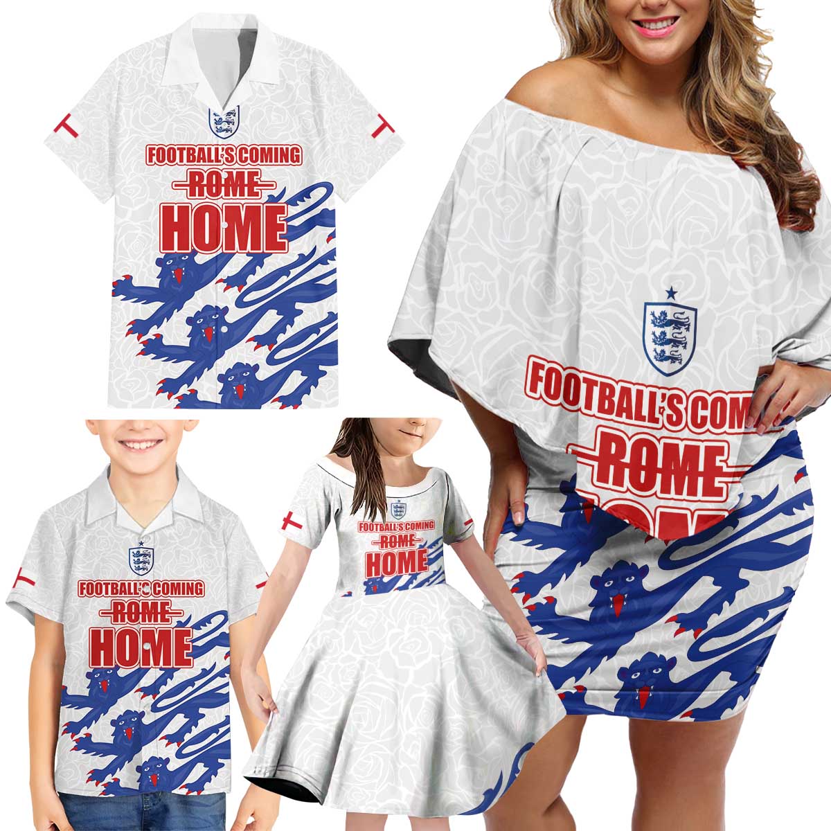 Custom England Football 2024 Road to The Champion Family Matching Off Shoulder Short Dress and Hawaiian Shirt Football's Coming Home - Wonder Print Shop