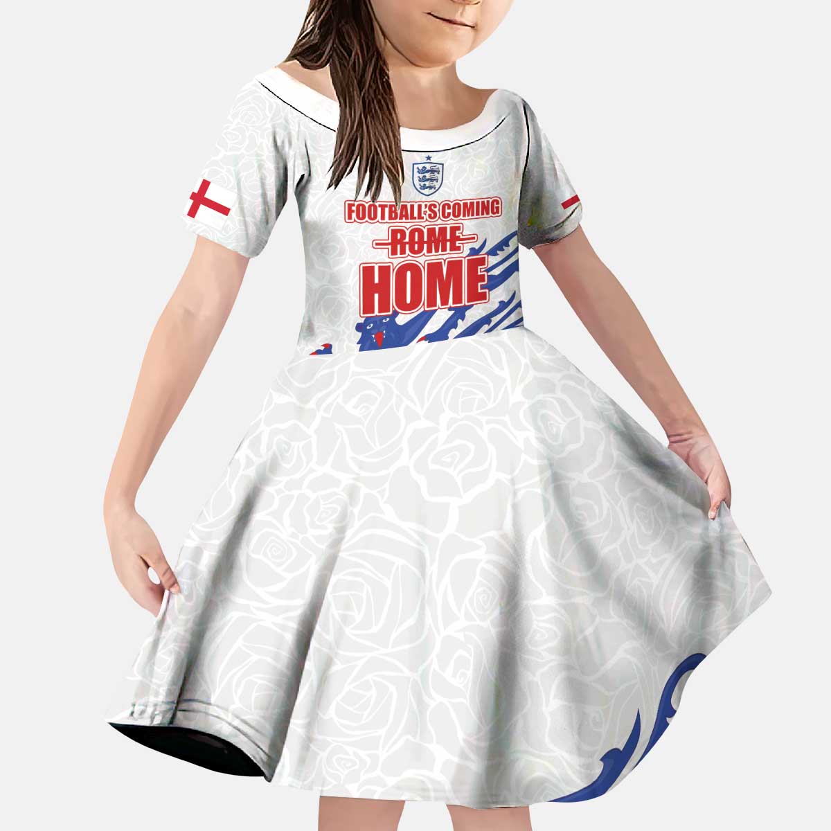 Custom England Football 2024 Road to The Champion Kid Short Sleeve Dress Football's Coming Home - Wonder Print Shop