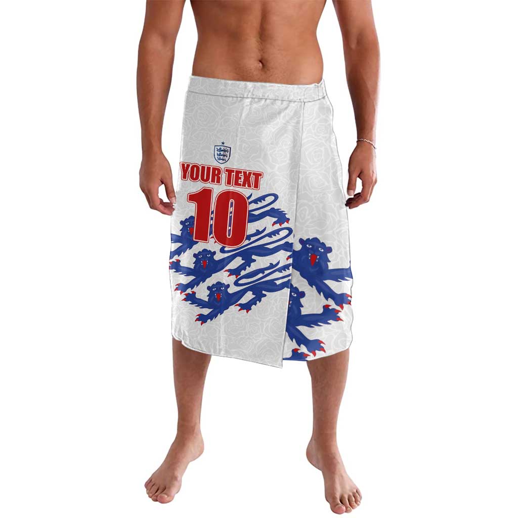 White England football graphic shorts with 'Your Text 10' and blue lion print