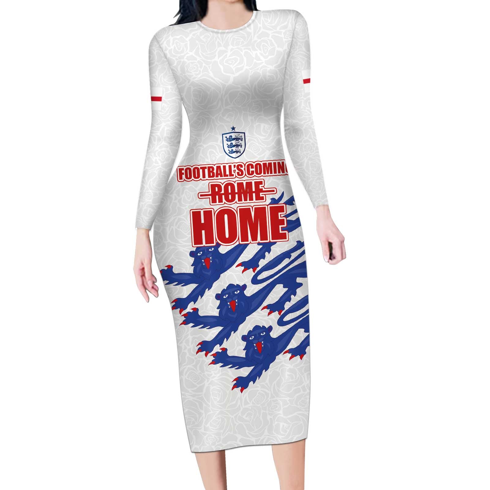 Custom England Football 2024 Road to The Champion Long Sleeve Bodycon Dress Football's Coming Home - Wonder Print Shop