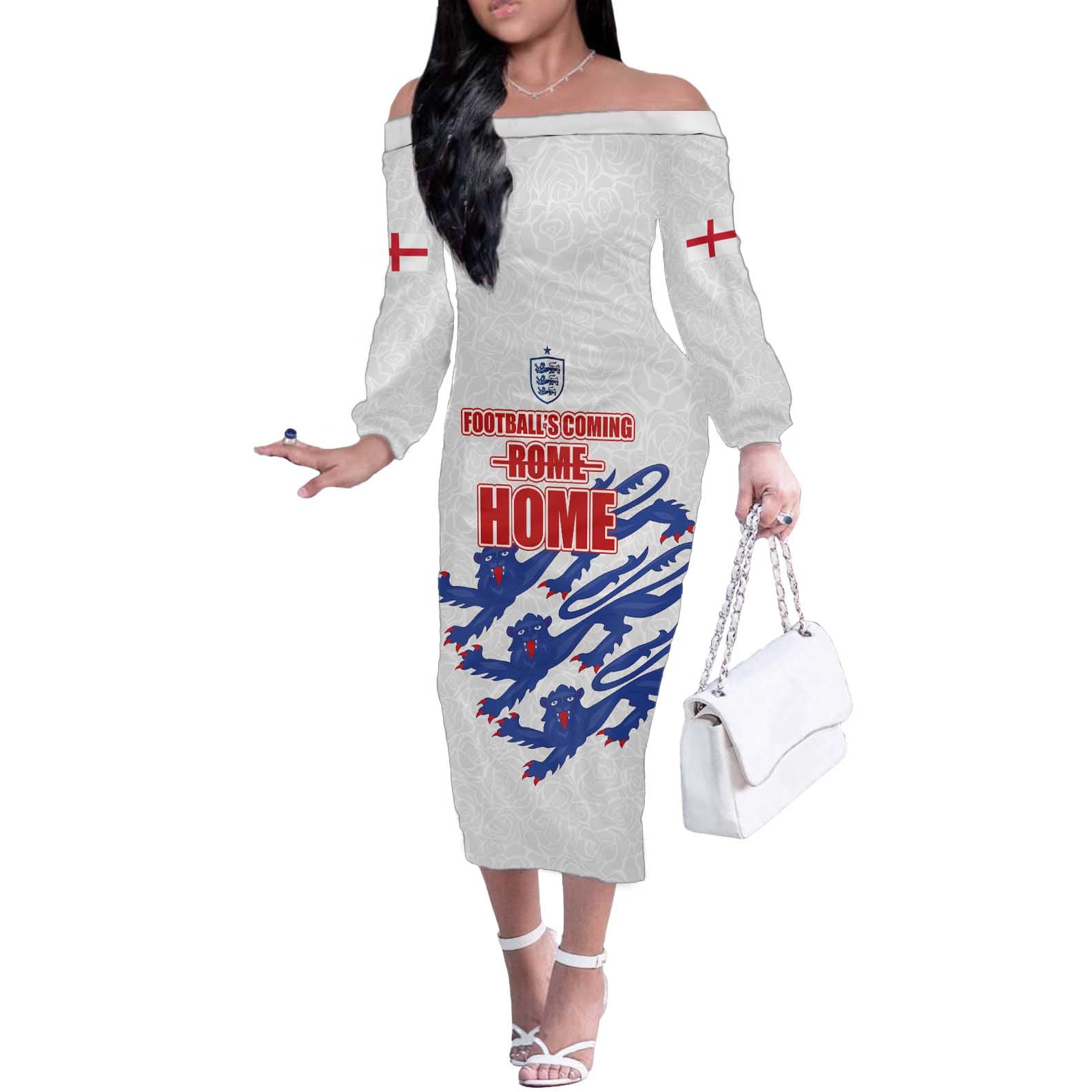 Custom England Football 2024 Road to The Champion Off The Shoulder Long Sleeve Dress Football's Coming Home - Wonder Print Shop