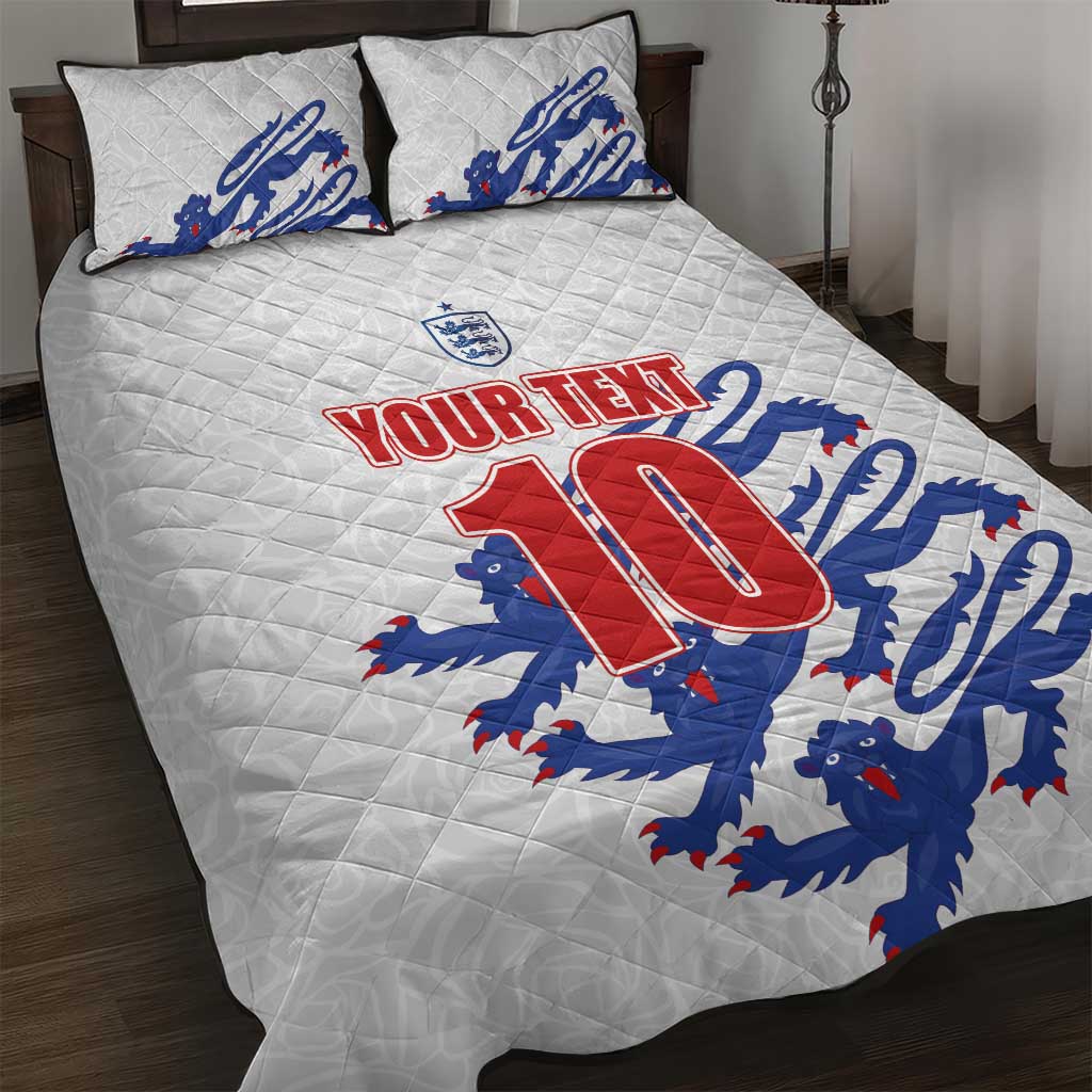 White quilt bed set with YOUR TEXT and England 12 graphic, plus two matching pillows