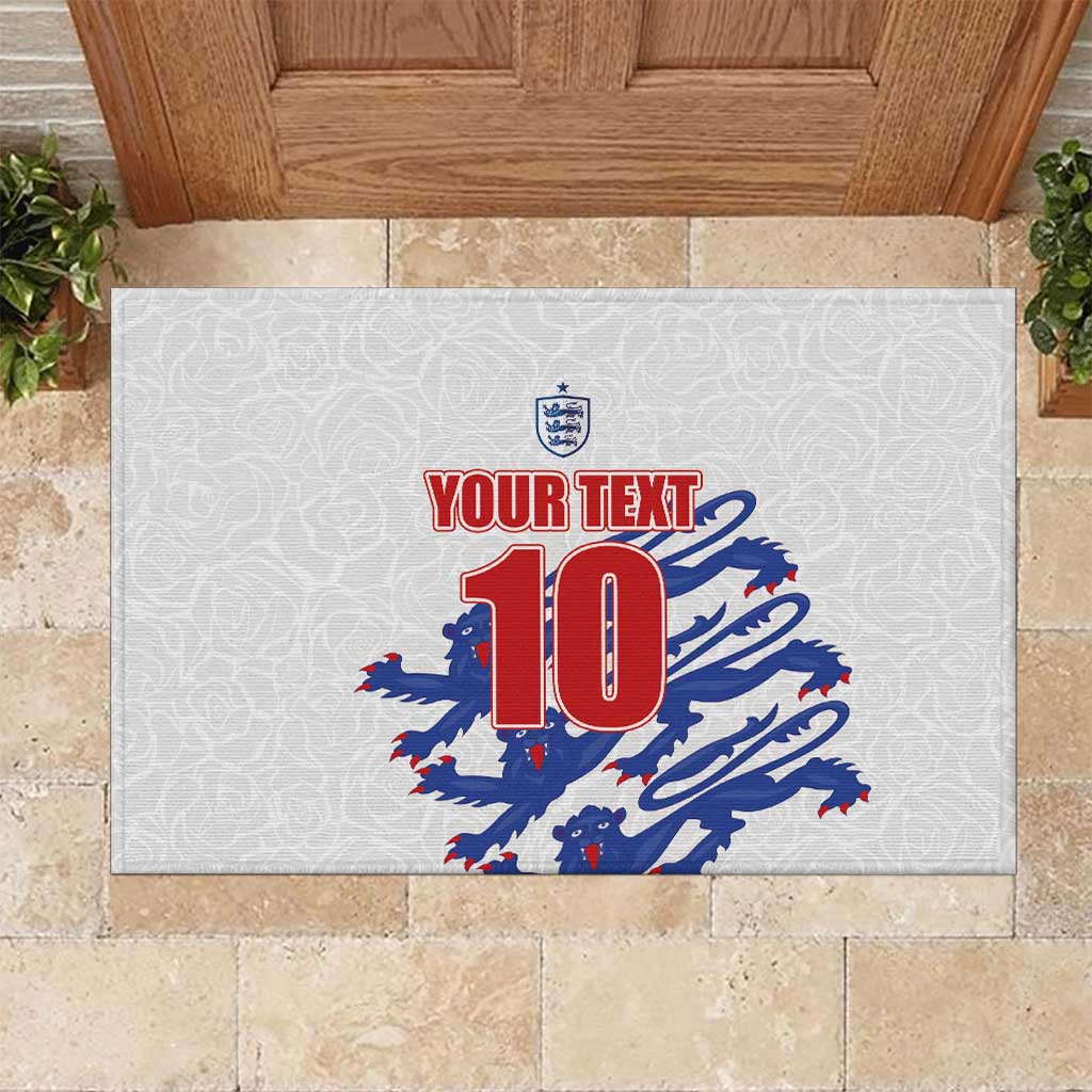 White custom football doormat with England crest, red 10 and blue lion graphic