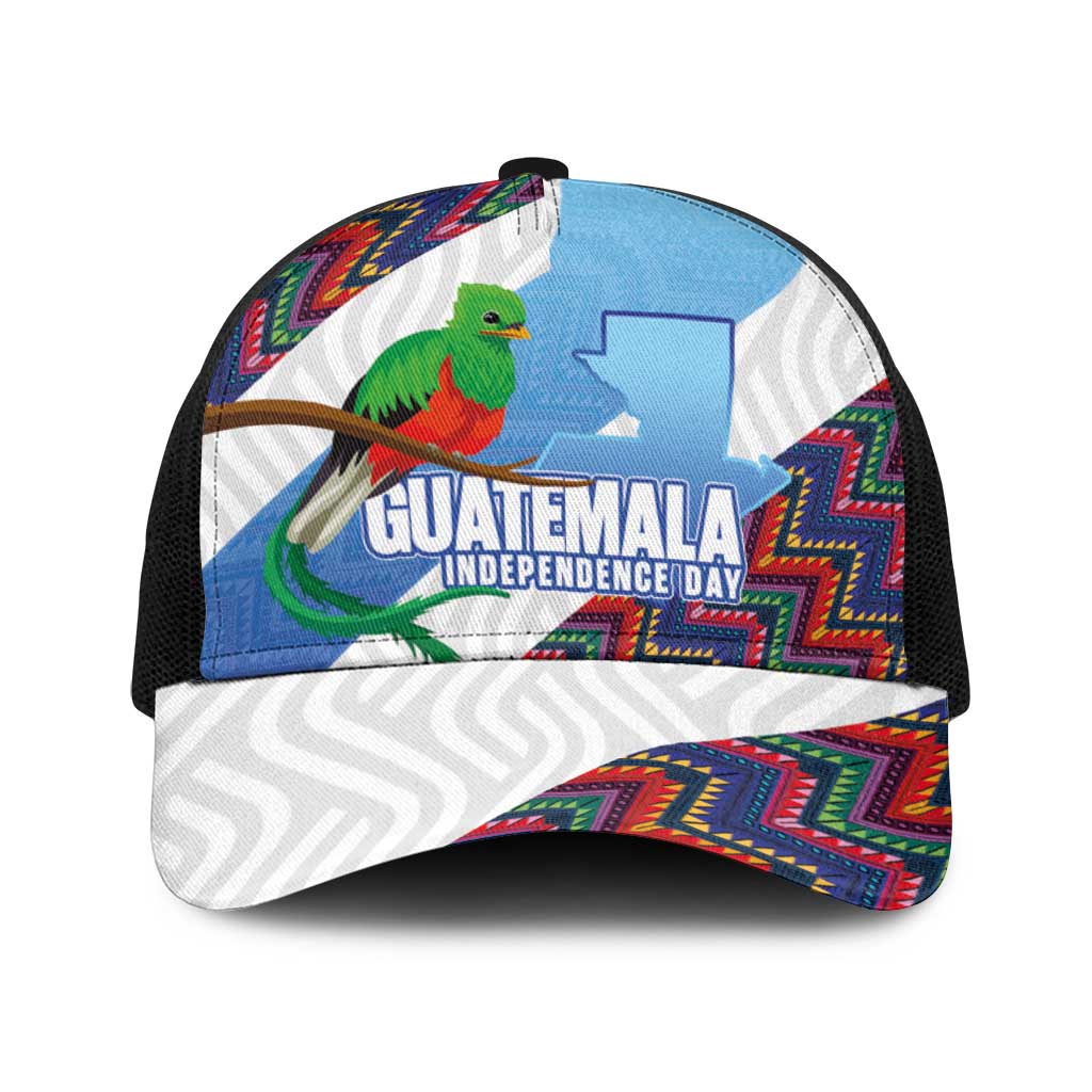 Guatemala Independence Day Baseball Net Cap Resplendent Quetzal with Coat of Arms and Maya Textiles - Wonder Print Shop