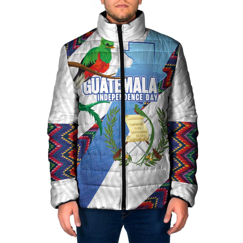 Guatemala Independence Day Padded Jacket Resplendent Quetzal with Coat of Arms and Maya Textiles - Wonder Print Shop