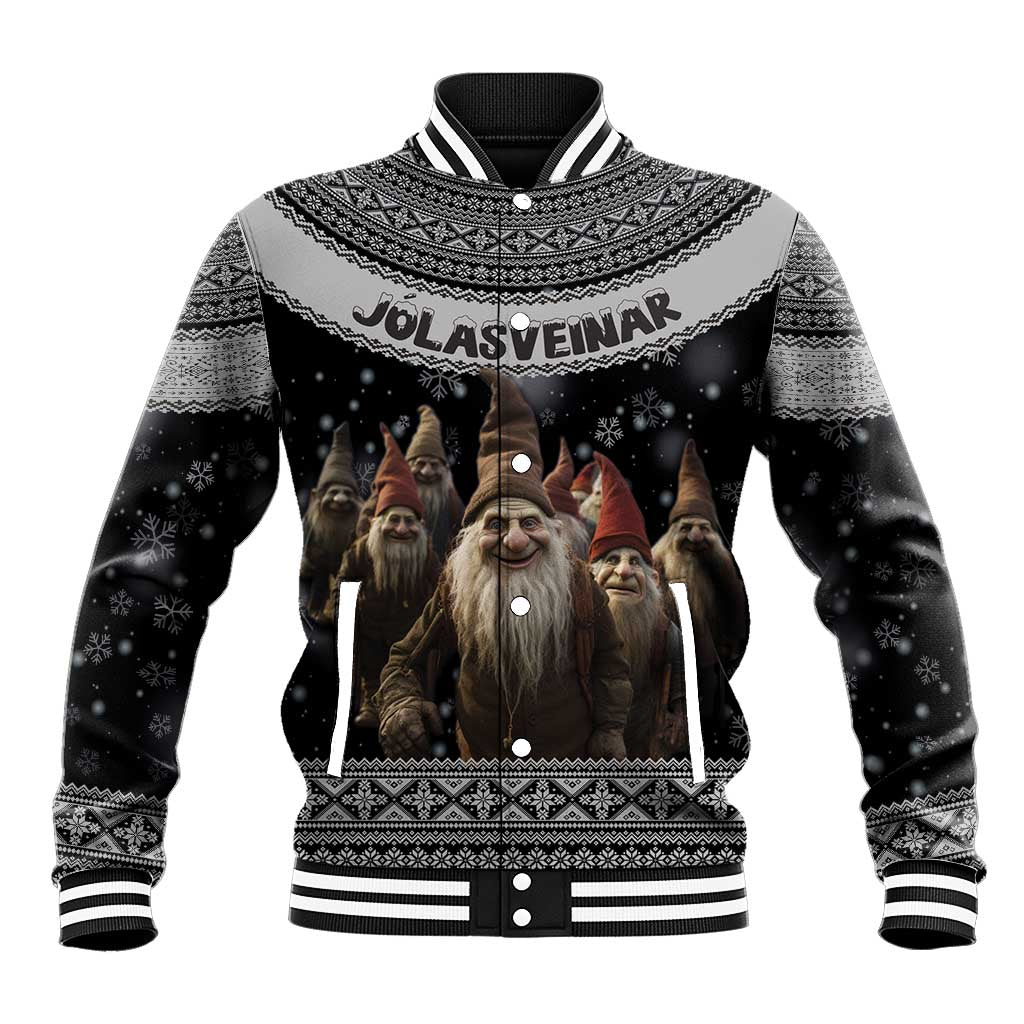 Unisex black baseball jacket with Jolasveinar graphic and Nordic knit trim