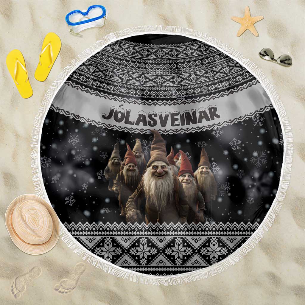 Round black beach blanket with white fringe, Jolasveinar Nordic pattern and gnome figures