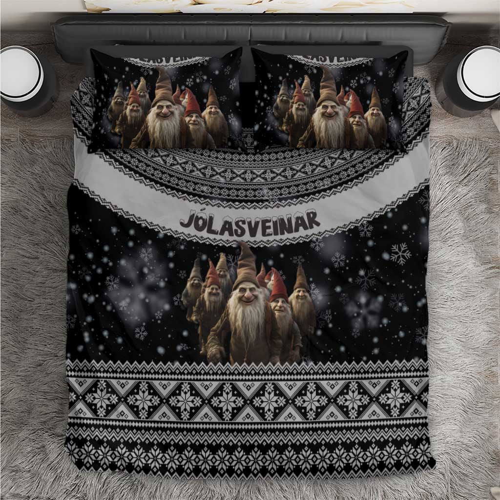 Black Nordic Christmas bedding set with JOLASVEINAR text and illustrated bearded characters