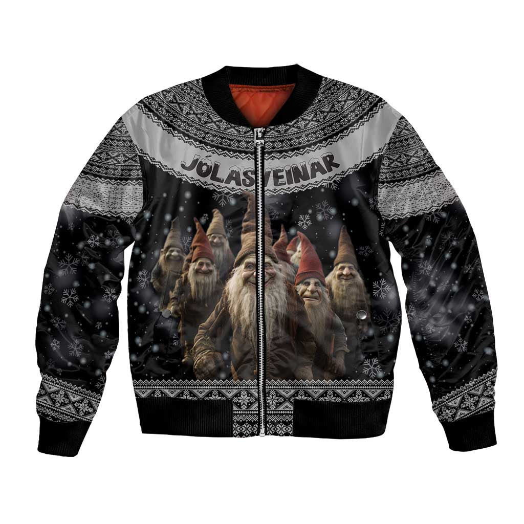 Unisex black bomber jacket, front zip and ribbed cuffs, snowy Nordic yule lads print