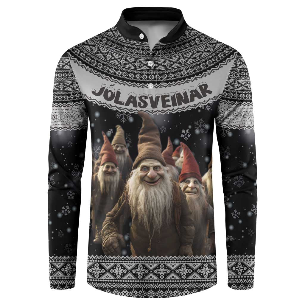Black Yule lads Christmas button sweatshirt with Nordic knit trim and illustrated elves