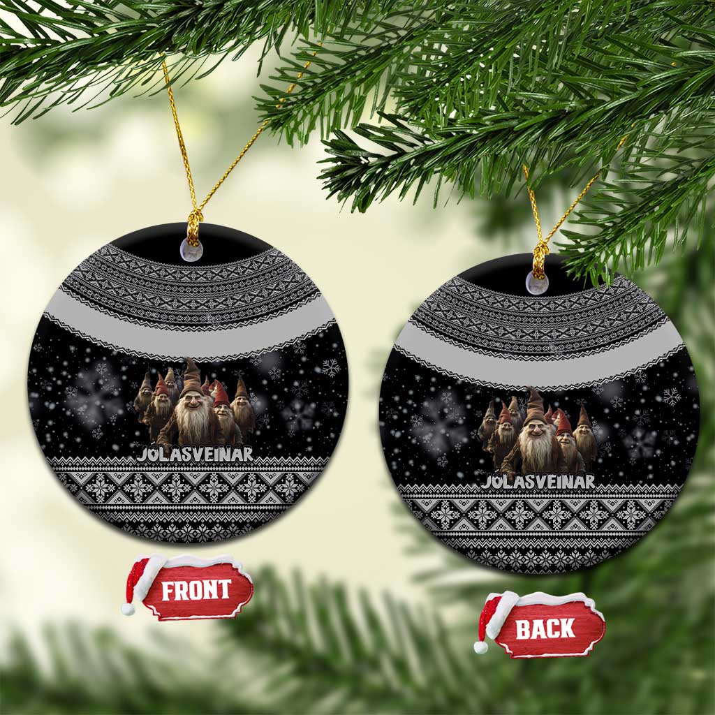Black ceramic round Christmas ornament pair with Nordic pattern and Jolasveinar characters.