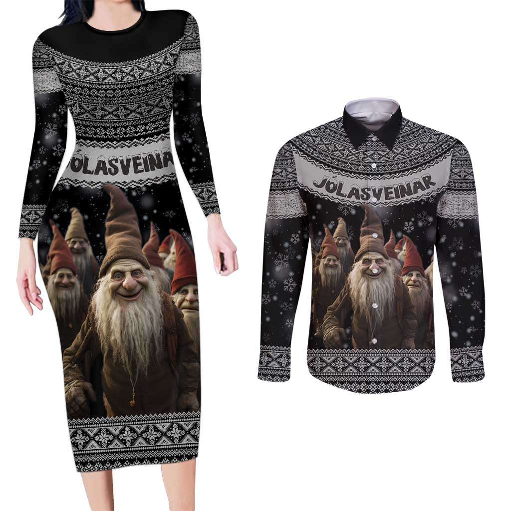 13 Yule Lads Iceland Christmas Couples Matching Long Sleeve Bodycon Dress and Long Sleeve Button Shirt Jolasveinar and Nordic Traditional Pattern - Wonder Print Shop