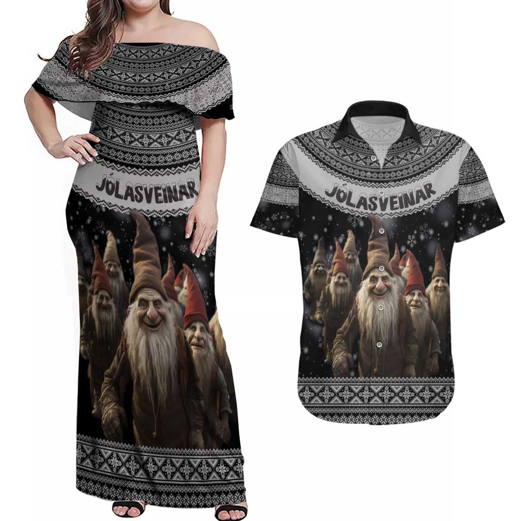 13 Yule Lads Iceland Christmas Couples Matching Off Shoulder Maxi Dress and Hawaiian Shirt Jolasveinar and Nordic Traditional Pattern - Wonder Print Shop