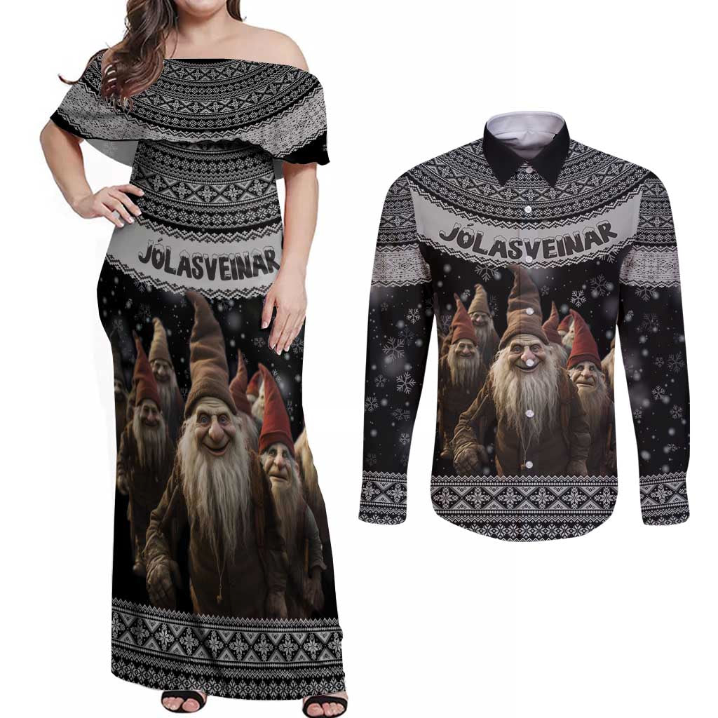 13 Yule Lads Iceland Christmas Couples Matching Off Shoulder Maxi Dress and Long Sleeve Button Shirt Jolasveinar and Nordic Traditional Pattern - Wonder Print Shop